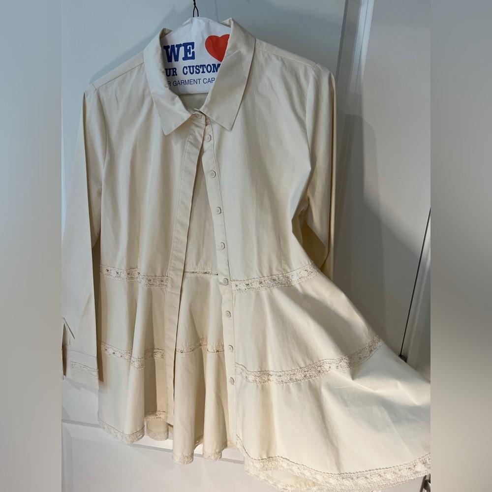 CIRANA Beige blouse with a A line flare , purchased at Nieman Marcus